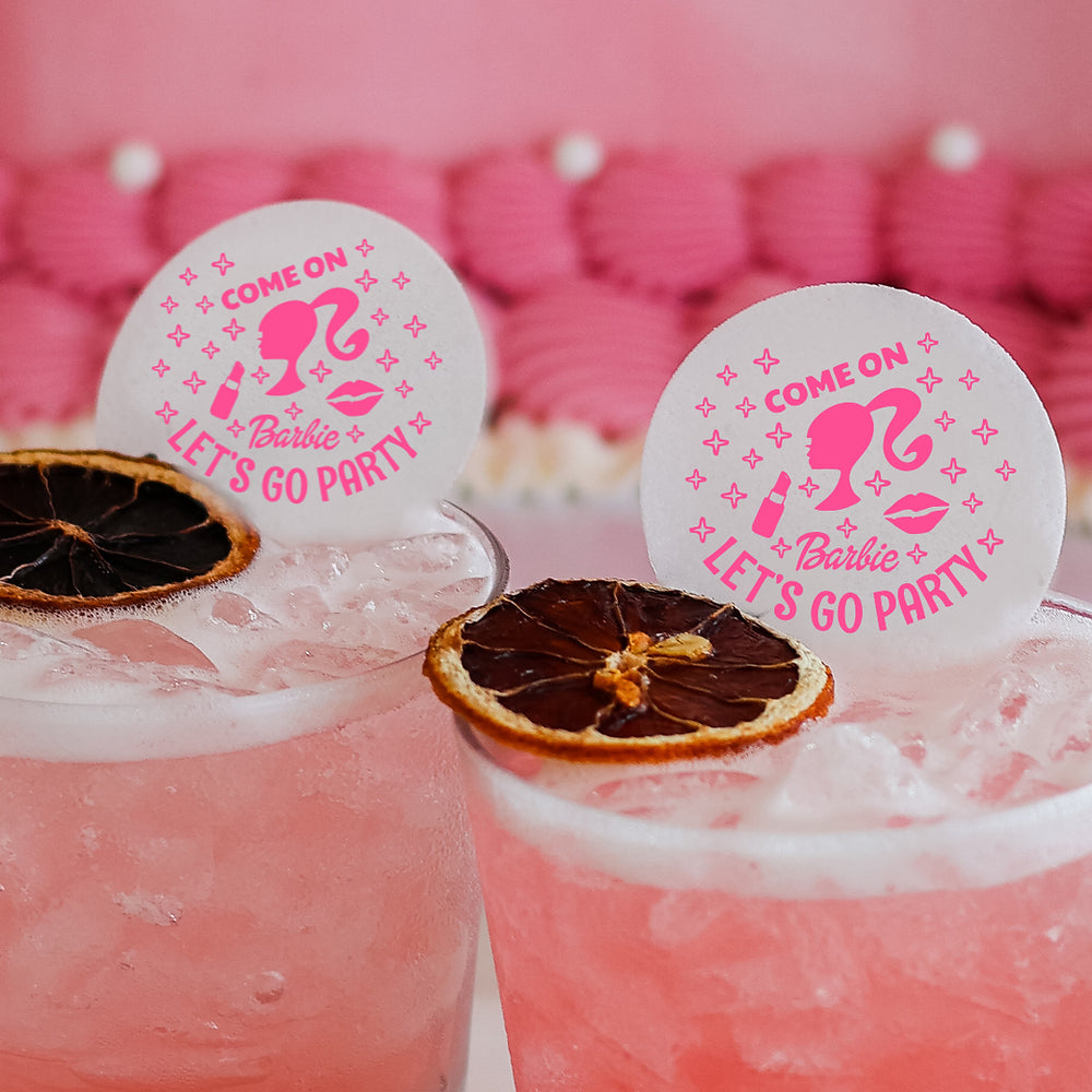 50 Edible Come on Barbie Toppers, 50 Edible Pink Party Beverage Drink Garnish