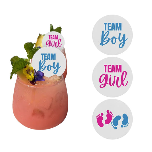 50 Edible Disco Gender Reveal Set Party Cocktail Toppers, 50 Edible Team Boy Team Girl Beverage Drink Garnish