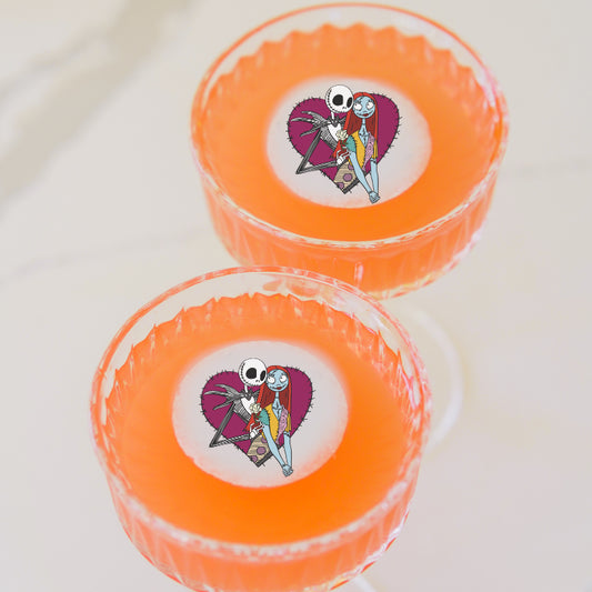 50 Edible Jack and Sally Heart Cocktail Toppers, 50 Edible Halloween Beverage Drink Garnish