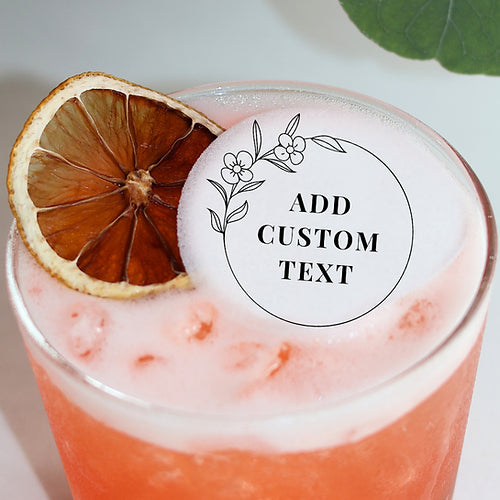 50 Edible Personalized Flower Wreath Wedding Cocktail Toppers, 50 Edible Beverage Drink Garnish