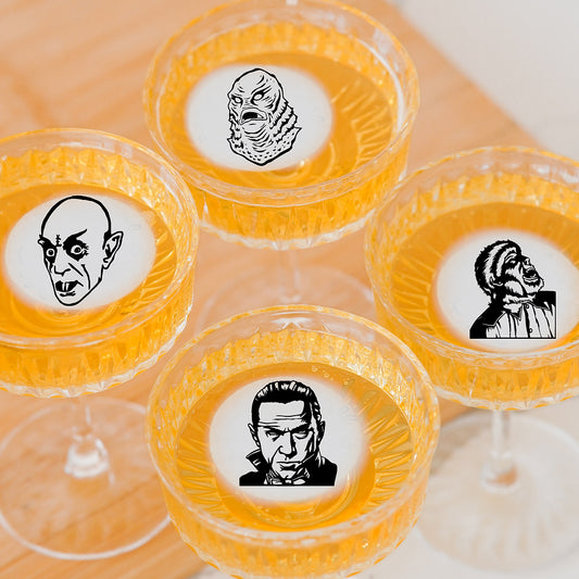 50 Edible Classic Horror Movie Monsters 4 Pack Cocktail Toppers, 50 Edible Halloween Beverage Drink Garnish