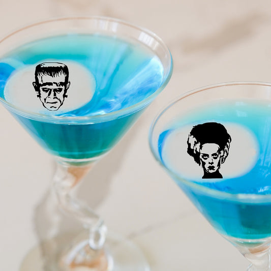 50 Edible Mr. & Mrs. Frankenstein Set Cocktail Toppers, 50 Edible Spooky Halloween Party Beverage Drink Garnish