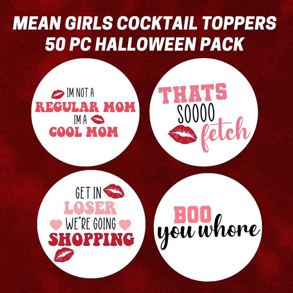 50 Edible Mean Girls 4 Pack Cocktail Toppers, 50 Edible Halloween Beverage Drink Garnish