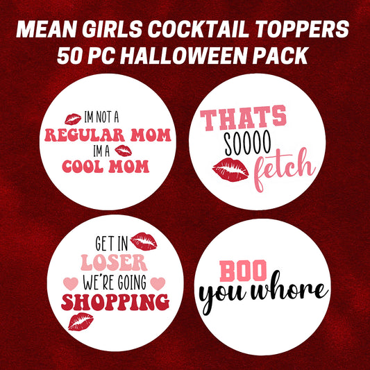 50 Edible Mean Girls 4 Pack Cocktail Toppers, 50 Edible Halloween Beverage Drink Garnish